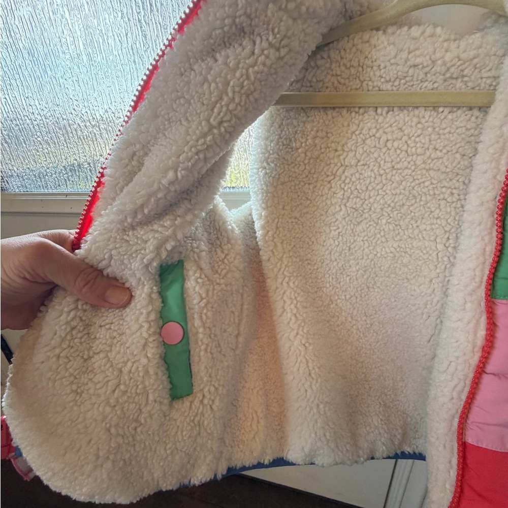 Mini Boden Multicolor Puffer Vest with Sherpa Hood - Picture 10 of 13